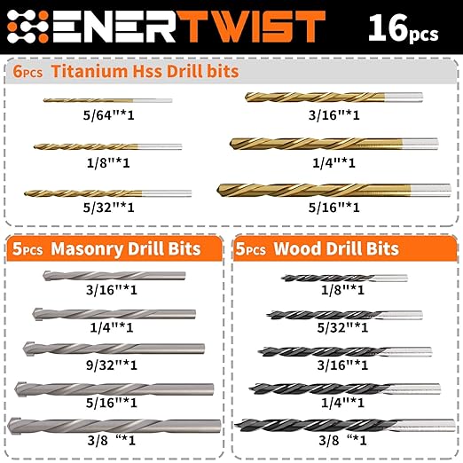 ENERTWIST Multi-Purpose Drill Bit Set,16 Pcs 5/64in to 3/8in. Titanium, Masonry, and Brad Point Bits - Ultimate Versatility for Metal, Wood, Plastic, Concrete Drilling