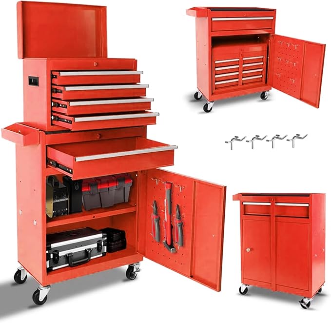 Rolling Tool Chest - 5 Drawers Tool Box Organizer with Lockable Wheels, Sliding Drawers, Detachable Top Tool Box - Tool Storage Cabinet for Garage Workshop, Red