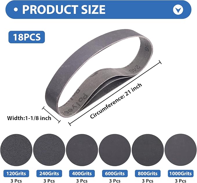 18 Pack 1-1/8 x 21 Inch Sanding Belts, 3 Each of 120 240 400 600 800 1000 Grits Sander Belts for Makita Sander, 1-1/8-Inch x 21-Inch Abrasive Silicon Carbide Sander Belts