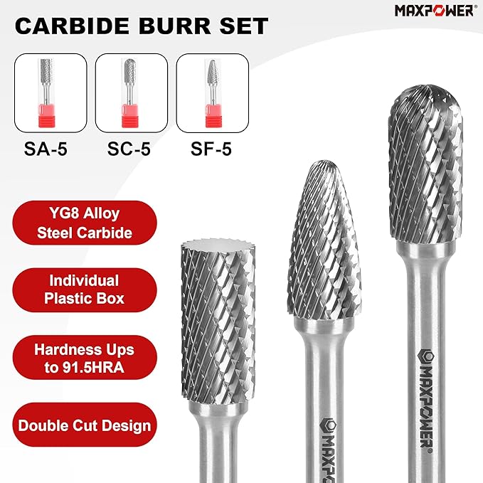 MAXPOWER 1/4" Carbide Burr Set, 3-Piece Rotary Burrs, Double Cutting burrs Rotary File for Metal and Woodworking Drilling, Carving, Polishing, Engraving