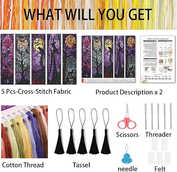 NEGEKFKX 5 Pcs Halloween Cross Stitch Bookmark Kit - Image 2
