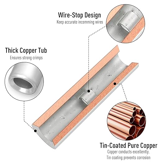 Kuject 200PCS Non Insulated Butt Connectors Kit, Uninsulated Wiring Crimps Terminals for AWG 22-16, 16-14, 12-10, 8, 6, Tinned Pure Copper Wire Butt Splice Connectors for Electrical DIY