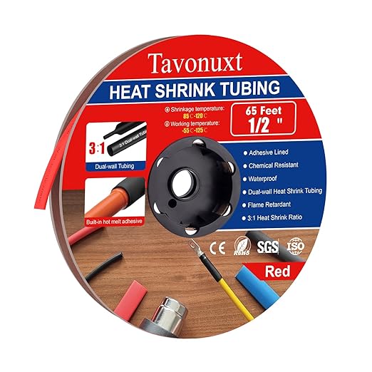 1/2" 65ft 3:1 Heat Shrink Tubing with Adhesive Lining - Marine Grade, Ideal for Home, Automotive, and Industrial Use - Red