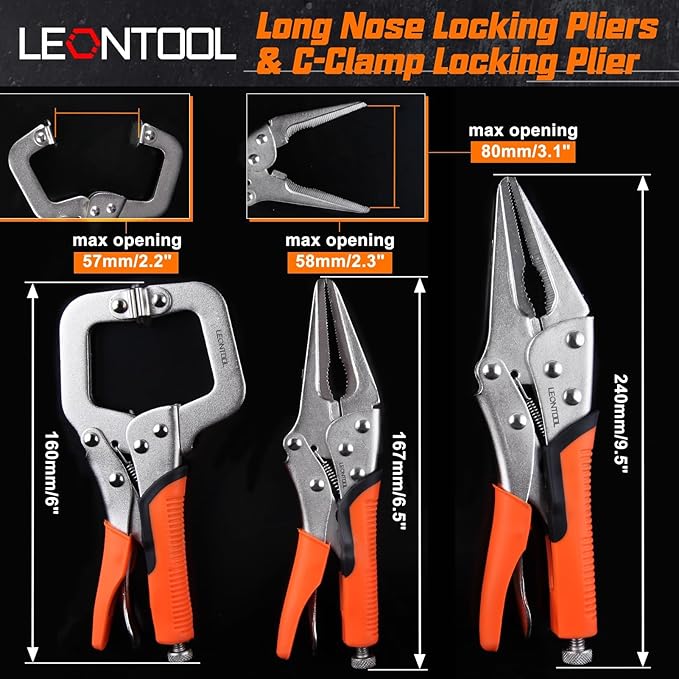 6-Piece Locking Pliers Set, Vice Grips Pliers Set, 5", 7" and 10" Curved Jaw Locking Pliers, 6-1/2", 9-1/2" Long Nose Locking Pliers 6" Locking C-Clamp for Welding Metal Bending Woodworking