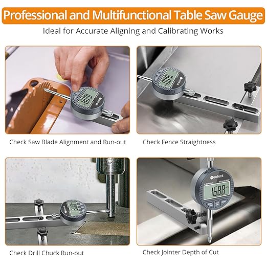 Neoteck 0-1'' Digital Dial Indicator Table Saw Gauge Suitable for Table Saws with a Groove Width of 3/4" (19mm) or more for Aligning and Calibrating Work,Shop Machinery,Band Saw and Drill Press-Silver