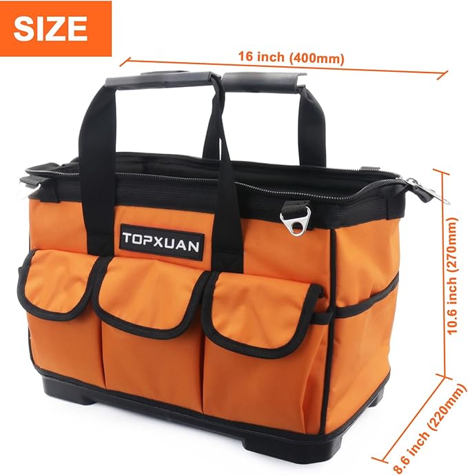 Tool Bag 16 Inch Molded Plastic Base Heavy Duty Waterproof Orange Tool Organizer Wide Mouth With Shoulder Strap for Power Tools and Hand Tools Oxford Cloth Fabric (16 Pockets)