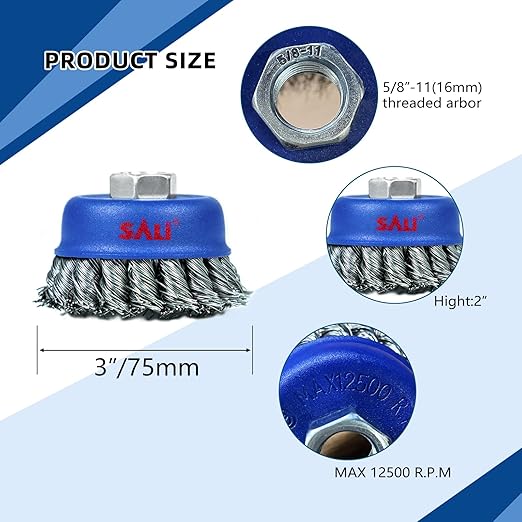 SALI 2 Pack Wire Cup Brush, 3 Inch Twisted Knotted Cup Brush for Grinders, with 5/8-11 Inch Arbor for Heavy Cleaning Rust, Stripping and Abrasive, for Angle Grinder