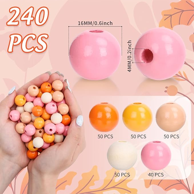 Whaline 240 Pcs Fall Wooden Beads Thanksgiving Harvest Natural Orange Pink - Image 2