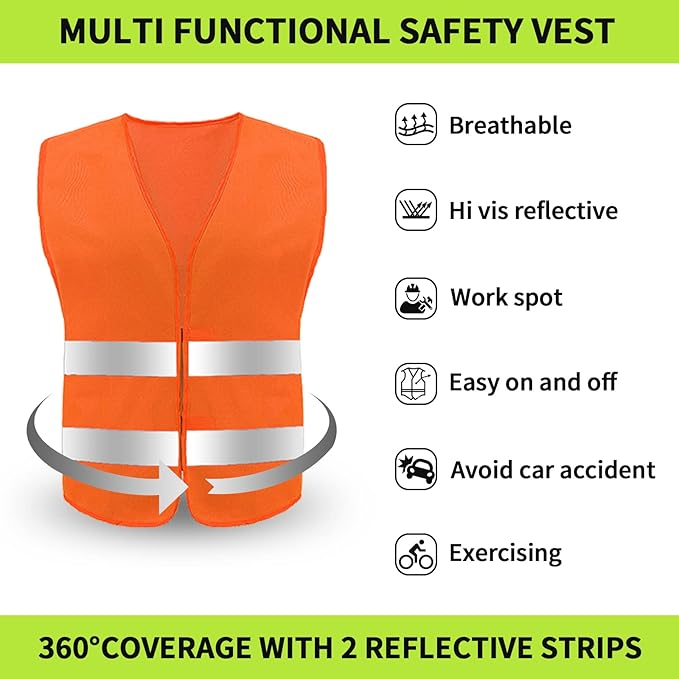 Safety Vest, Reflective High Visibility Construction Vest for Men, Work, Cycling, Runner, Surveyor, Volunteer, Road