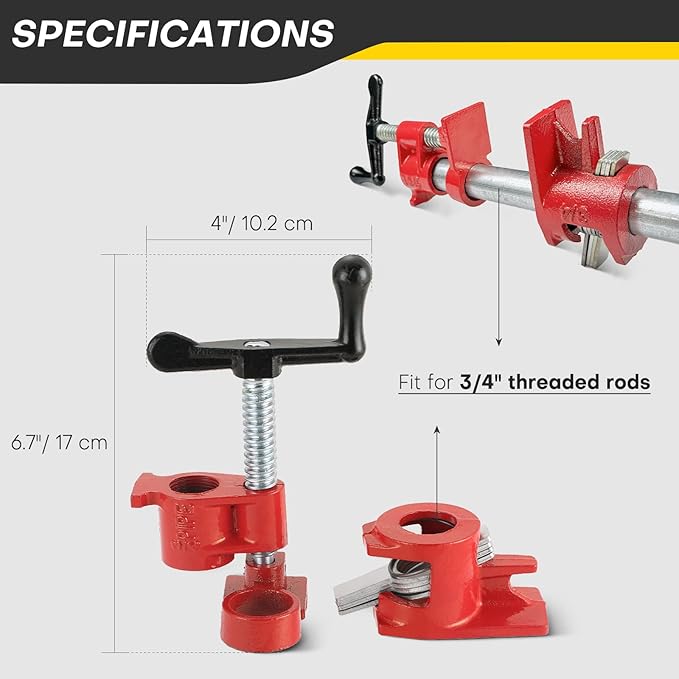 Wood Gluing Pipe Clamp Set | 3/4" Heavy Duty Woodworking Cast Iron Pipe Clamps Quick Release Pipe Wood Clamps (8 Pack, 3/4")