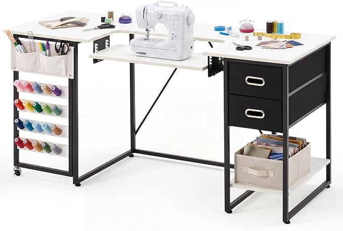 59" Folding Sewing Table with Adjustable Tabletop and Foldable Side Shelf | - Image 9
