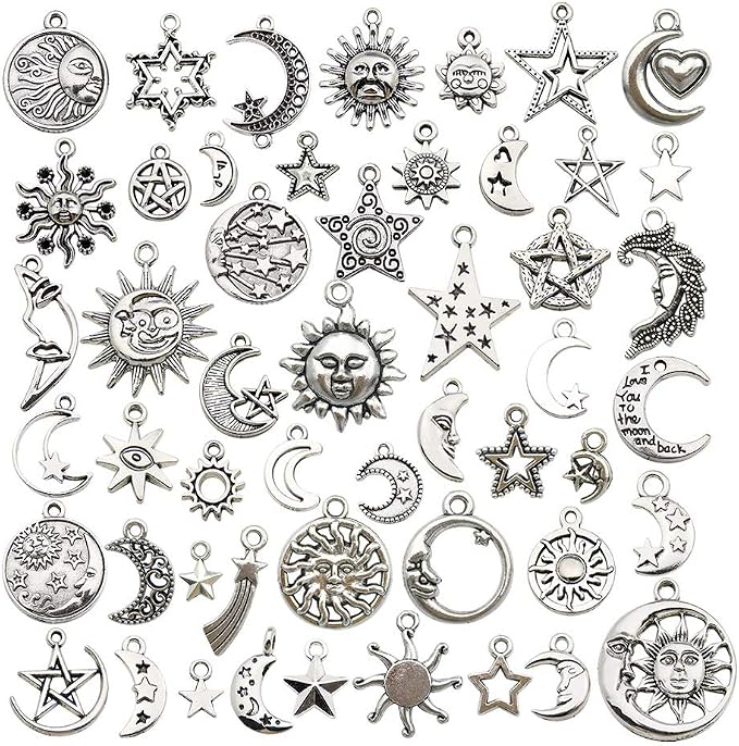100 pcs Craft Supplies Mixed Antique Silver Sun Moon Stars Charms Pendants by WOCRAFT