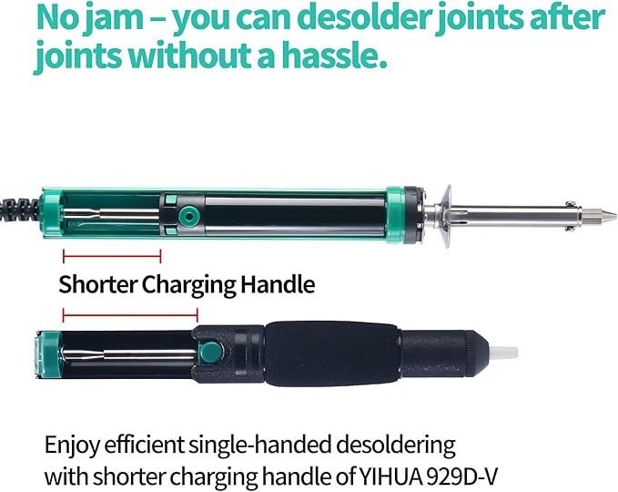 YIHUA 929D-V Electric Desoldering Soldering Iron Solder Sucker Desoldering Pump with Shorter Charging Handle and Desoldering Nozzles 1.0mm 1.2mm for Through-Hole Desoldering
