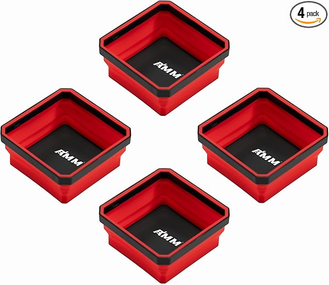 AMM Magnetic Tray, 4 PC Foldable Magnetic Tool Tray Set for Bolts Screws Nuts & Small Metal Parts, Mechanic Tool Present for Men, 4.5 Inch Square (4PC, Red)