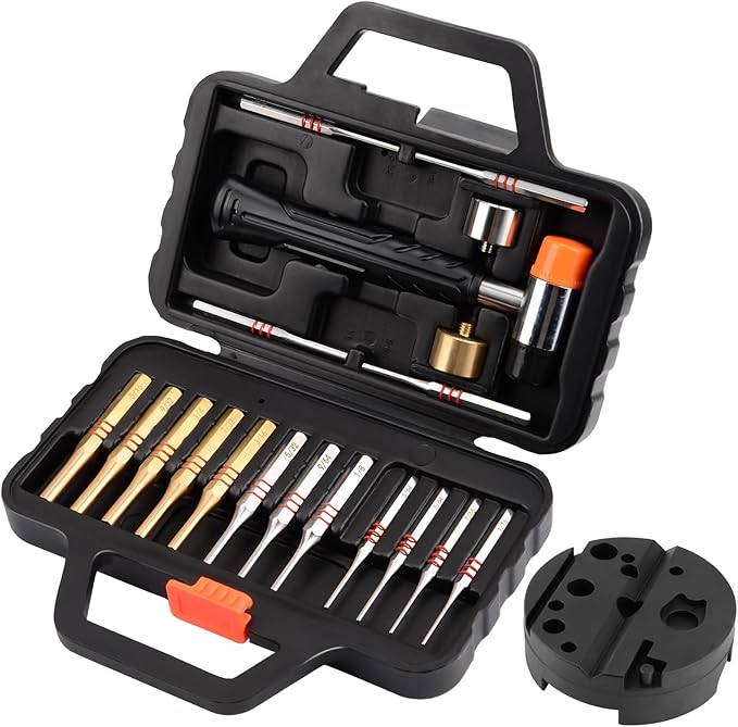 Pridefend Punch Set,Brass Punch Set and Roll Pin Punch Set Made of Solid Material Including Steel Pin Punch Set and Bench Block, Hammer with Detachable Heads,Punch Set with Portable Storage Case