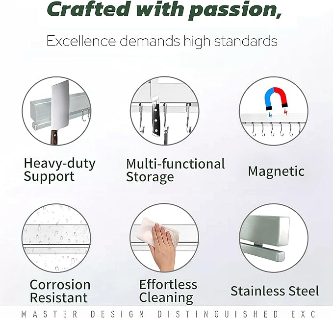 YIIYIIN 12 Inch Magnetic Knife Holder for Wall No Drill,Adhesive Knife Magnetic Strip with 6 Hooks,Kitchen Double Rods Stainless Steel Magnetic Utensil Holder(Silver)