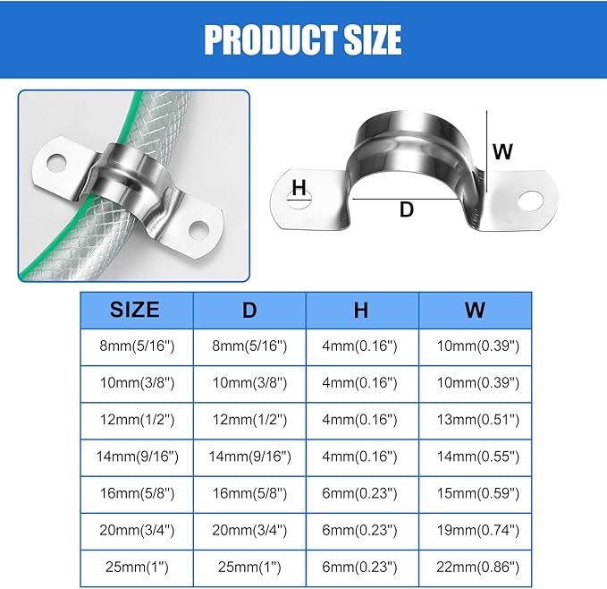 90 Pcs Two Hole Strap U Clamp,Pipe Strap U Bracket Clamp, Stainless Steel Rigid Pipe Strap U Bracket Tube Strap Clamp Kit for Pipe Tube Fixing Mounting - 5/16" 3/8" 9/16" 1/2" 5/8" 3/4" 1"