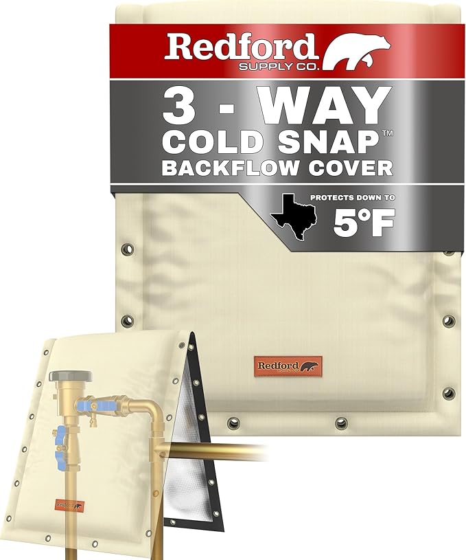 Redford Supply Co. Cold Snap (5°F) Backflow Preventer Insulation Cover, 3-Way Custom, 16"W x 26"H, Pipe Insulation, Water Sprinkler Covers for Outside, Sprinkler Backflow Cover for Winter (Beige)