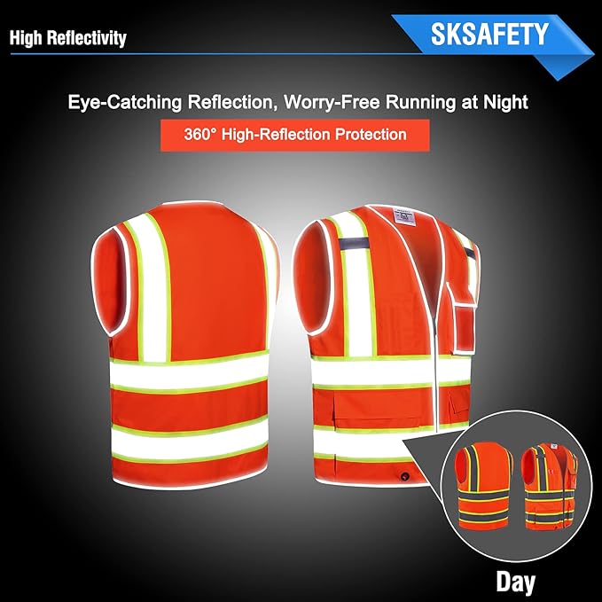 SKSAFETY 10 Pockets Safety Vest, Class 2 High Visibility Security with Zipper, Hi Vis Vest with Reflective Strips, ANSI/ISEA Standard, Construction Work Vest for Men ＆ Women （Orange, L）
