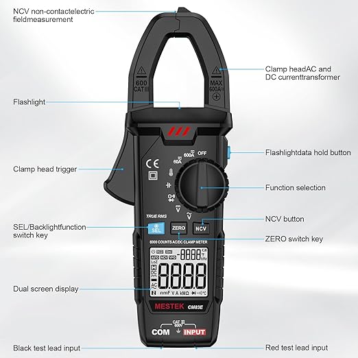 MESTEK Digital Clamp Meter Multimeter TRMS 6000 Counts Voltage Tester Amp Volt Meter, Auto-Ranging Voltmeter Measures NCV AC DC Current Voltage Resistance Capacitance Temperature Diodes Continuity