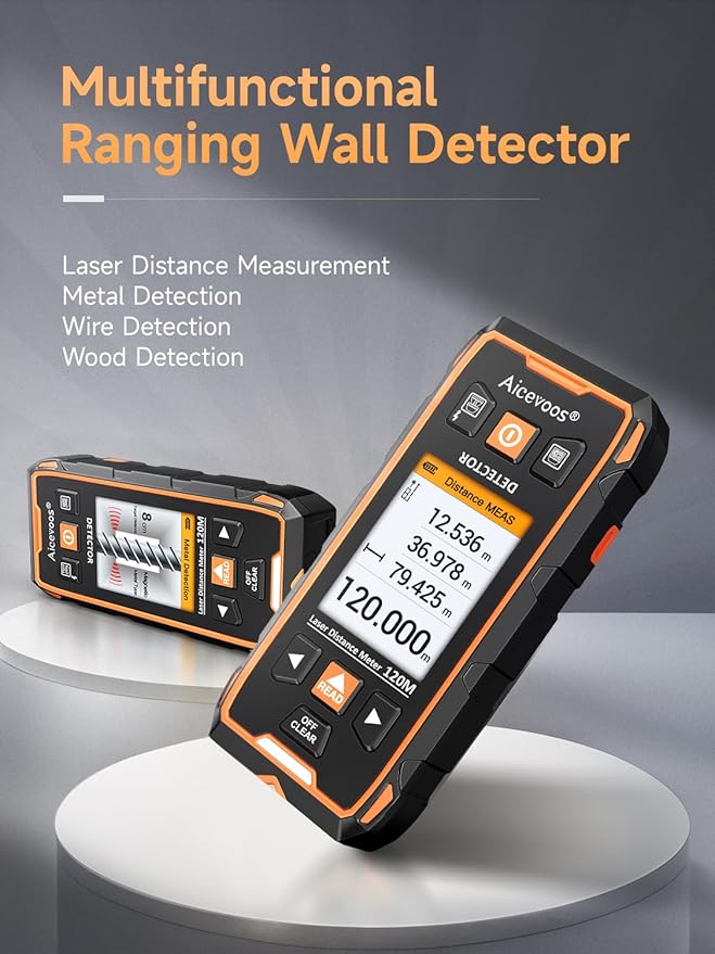Stud Finder Wall Scanner - Stud Finder Tool HD LCD Display and w/Intelligent Microprocessor Chip, Stud Detector and Laser Measure for the Center and Edge of Wood AC Wire Metal Studs Joist Pipe