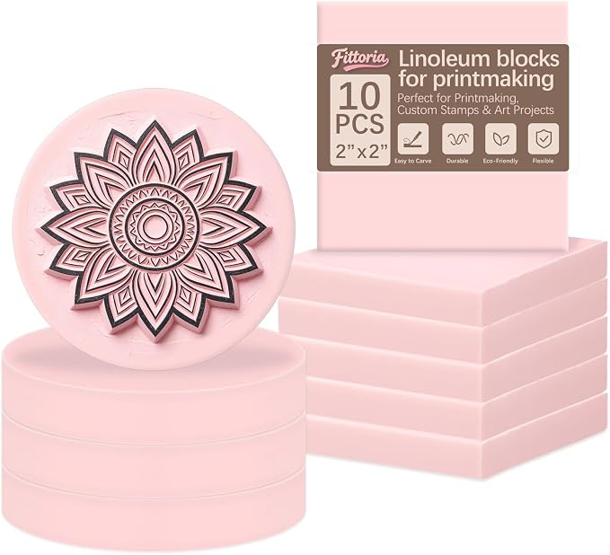 10 Pcs Rubber Stamp Carving Blocks Pink Soft Linoleum Blocks Round 2x2in and by Unknown