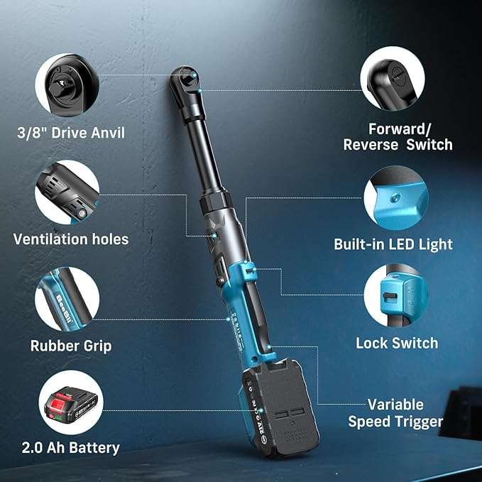 Extended Cordless Electric Ratchet Wrench: 66 Ft-lbs Power Ratchet Wrench 3/8", Brushless Motor, Variable Speed Trigger, 2 Pack 21V Batteries & Charger, 8 Sockets, 1/4"& 1/2" Adapter, 3" Extension Bar