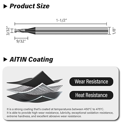 3PCS 3/32" Micrograin Carbide Square End Mill Set 2 Flute HRC 55 AlTiN Coating End Milling Bits for Milling Alloy Steels, Hardened Steel, CNC Router Bits