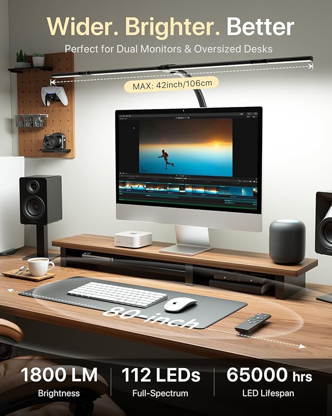 42" LED Desk Lamp with Clamp, Architect Desk Light with Remote, Adjustable 4-Segment Bar, 1800LM Bright, Eye-Caring Desk Lamp for Home Office, Reading, Study, Dual Monitors, Workbench (Black)