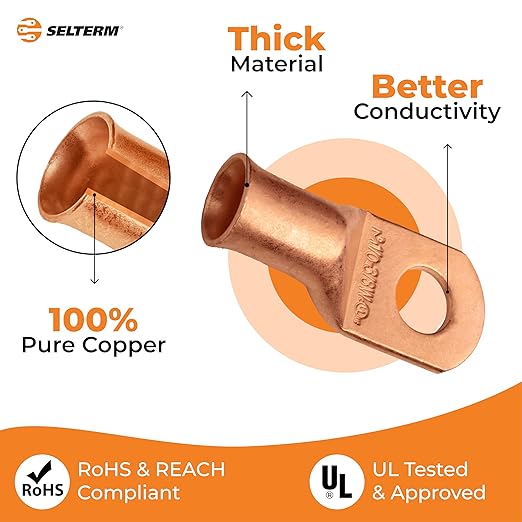 SELTERM 2pcs 1/0 AWG 3/8" Stud (Wide Pad) Copper Wire Lugs, Battery Lugs, Ring Terminals, Battery Cable Ends, 0 Gauge Ring Terminal Connectors, UL Heavy Duty Bare Copper Eyelets Battery Cable Lugs