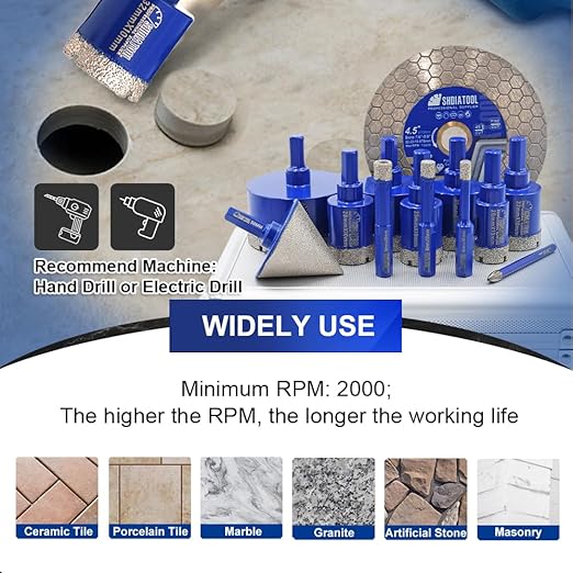 SHDIATOOL Diamond Tile Drill Bits Kit 13pcs, Porcelain Hole Saw Sets, Core Bits Cutter for Drilling Ceramic Marble Granite (6/8/10/20/25/28/32/35/45/65MM/2/4.5"/6MM)