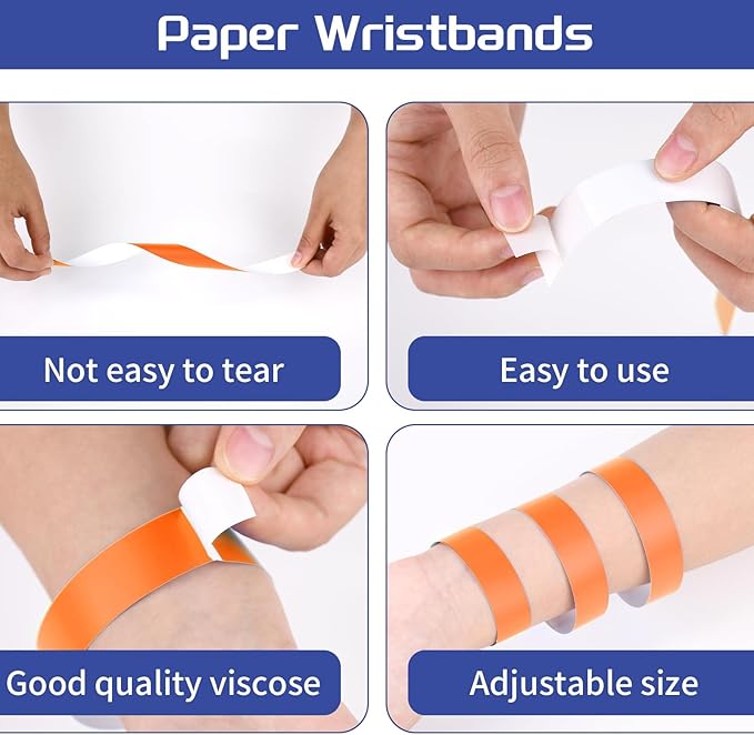 500 Pcs Orange Paper Wristbands for Events Waterproof Neon Wrist Bands Adhesive Concert Identification Wristbands Hand Bands for Events (Orange)