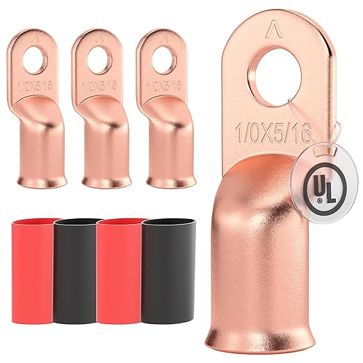AIRIC UL Listed 1/0 AWG - 5/16" Battery Cable Lugs, Heat Shrink Ring Terminals End, Copper Cable Ends, Wiring Connector Terminal, Electrical Crimp Connectors, Wire Lug for 1/0 Gauge Wires, 4 PCS