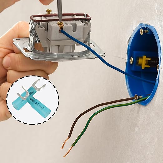 Hordion 100PCS 16-14 AWG Fork Connector, Blue Heat Shrink Fork Terminals Waterproof and Insulated Electrical Crimp Connectors for Boat Truck Stereo