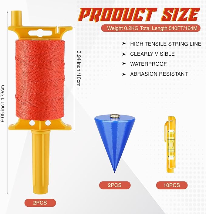 2 Pack Mason Line with Handle Twisted 540-Feet Reloadable Line Reel with 10 Built in Levels & 2 Plumb Bob Braided Construction Nylon Line for Gardening, Masonry Tools, String Level, Kite Twine String