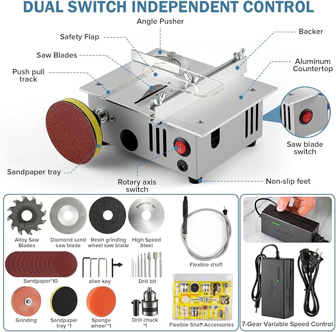 Mini table Saw,mini Table Saws for Crafts, Mini Multi Functional Table Saw, Dual-motor control for cutting, grinding,engraving and drilling.Speed & Angle Adjustable,for Wood/PCB/Acrylic/Plastic