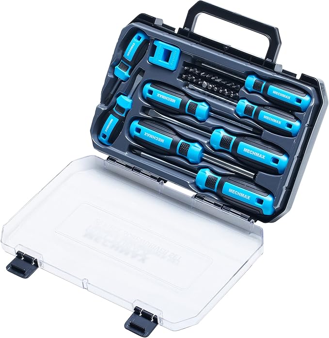 29Piece MECHMAX Magnetic Screwdriver Set with Assorted Bits Includes Phillips, Slotted, Star, Hex & Square Bits, Features Magnetizer/Demagnetizer & Storage Case, Hand Tool Kit for Home Repair