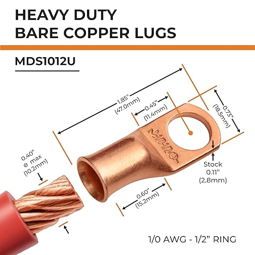 SELTERM 15pcs 1/0 AWG 1/2" Stud - UL Heavy Duty Battery Terminal Connectors, Bare Copper Battery Cable Lugs, 0 Gauge Wire Connectors, Electrical Battery Cable Ends, Ring Terminals Copper Lugs
