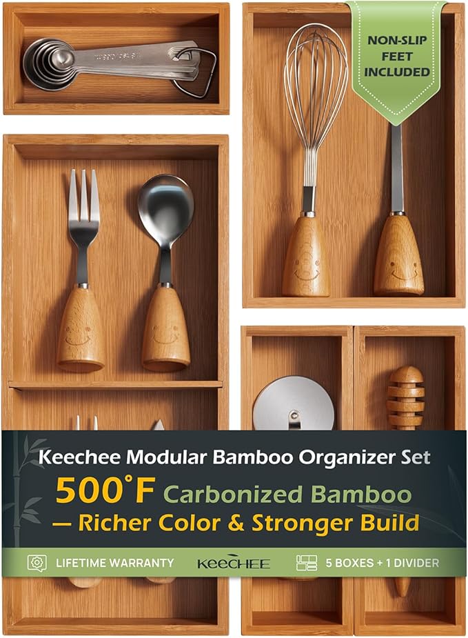 5-Piece Bamboo Drawer Organizer Set, 2.2" Deep | Multi-Use Organizers for Utensils, Silverware, Cutlery, Desk, Bathroom, Junk Drawer & Makeup, Non-Slip Feet Included.