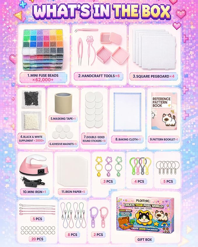 Fuse Beads Kit 2.6mm Mini Beads, Mini Iron, Tweezers & 200+ Patterns, Pixel Art - Image 3