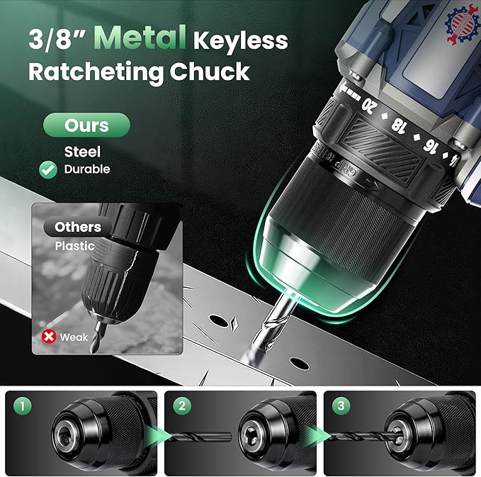 20V Cordless Drill Kit, 620 in-lbs Torque, 3/8" Keyless Chuck, Brushless Power Drill with 2.0Ah Battery and Charger, 2+1 Variable Speed, 20+1 Position Electric Drill Driver with LED, Belt Hook, Bag