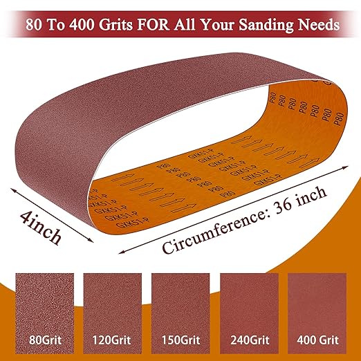 4 x 36 Inch Alumina Sanding Belts (80/120/150/240/400 Grits) and 6 Grits 6-Inch Self Stick No Hole Sanding Disc 11PCS Set for Aluminum Oxide Sanders, Sandpaper for Wood Metal Stainless Steel