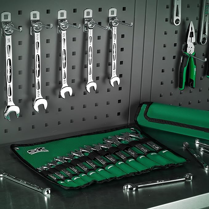 SK Combination Wrench Set, SAE 5/16" to 3/4", Metric 8 to 19mm, 23-Piece, SuperKrome Finish, Premium CR-V Construction, with Rolling Pouch