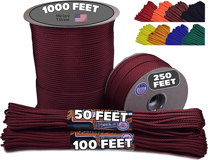BORED? PARACORD! 550 lb Paracord - Ideal for Crafting, Camping, DIY Projects, Active & Military Outdoors - Strong Survival Rope - Tactical Parachute Cord Type III - Blood Diamonds 250 Feet