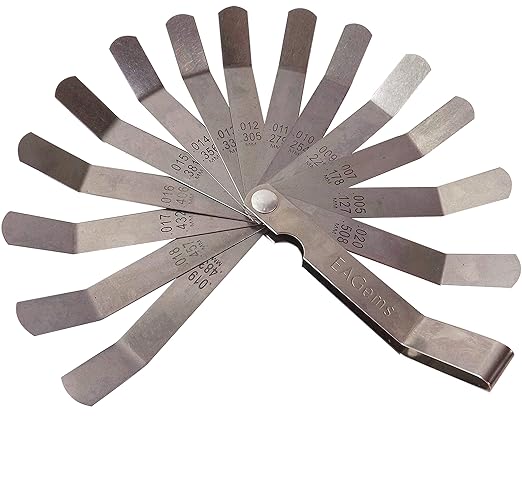 Offset Feeler Gauge Set - 16 Blades for Gap Width or Thickness, .005-.020 inch / .127-.508 mm, Inches & Millimeters Imprinted