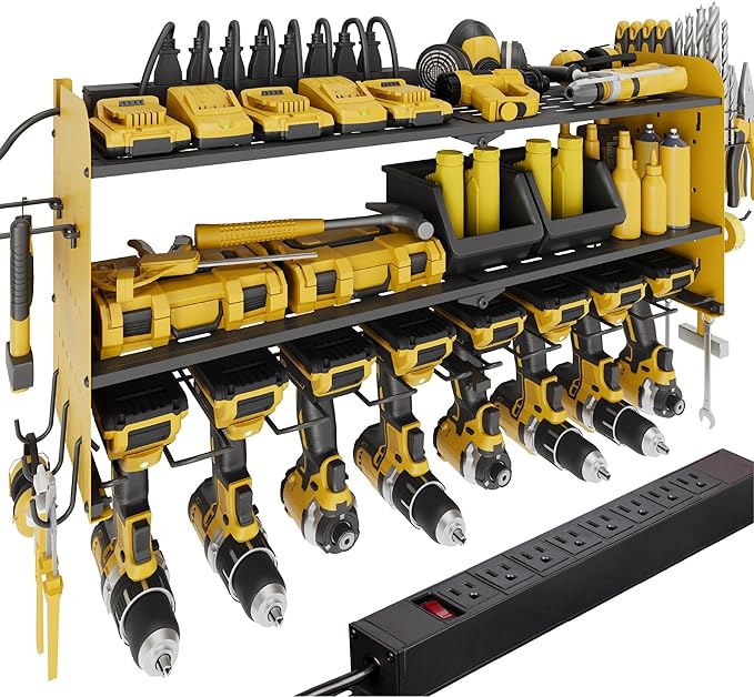 Suchtale Power Tool Organizer with Charging Station,33.2" Garage 8 Drill Holders Wall Mount,3 Layers Heavy Duty Metal Tool Shelf with 8 Outlets Power Strip, Gift for Men, Father, Yellow