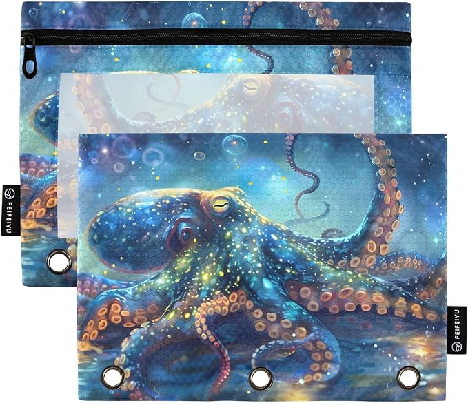 Octopus Galaxy Pencil Pouch for 3 Ring Binder, 2 Pack Waterproof Pencil Bags by BOENLE-WELCOMEYOURCOMING