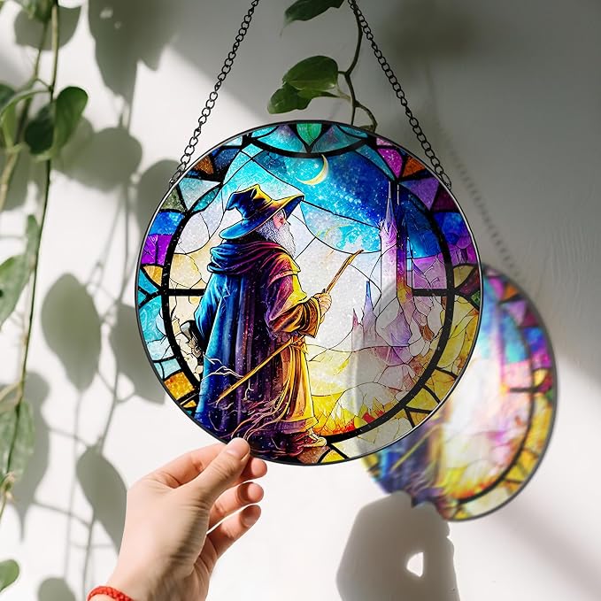 Stained Glass Window Hanging, LAOWEIKI 8'' Witch Suncatcher, Stained Glass - Image 3