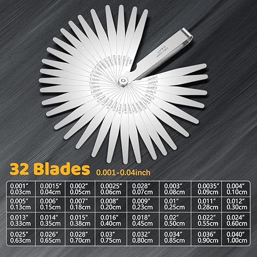 32 Blades Stainless Steel Feeler Gauge, Metric and Imperial Gap Measuring Tool Width and Thickness Feeler Gage Gauge for Spark Plug, Valve Adjustment Tool, 0.03-1mm (0.001-0.040 Inch)