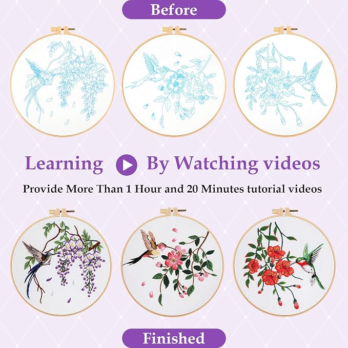 Embroidery Kit for Beginners, 3 Pack Hummingbird and Flower Cross Stitch Kits - Image 4